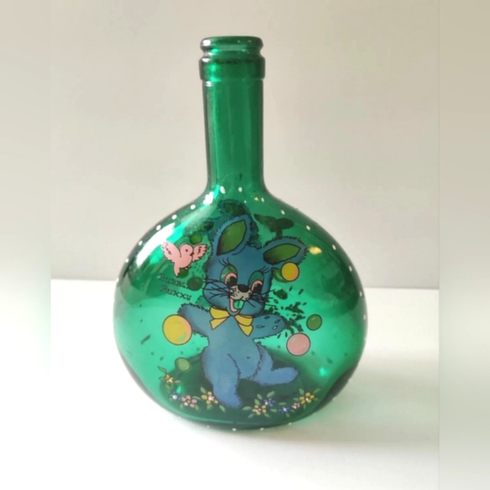 Vintage Hand Painted Green Glass Bottle  Blue Bubbles Bunny